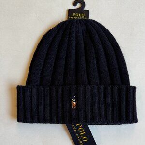 Polo Ralph Lauren Wool Blend Cuffed Beanie Ski Hat Cap Navy w/Tan Pony